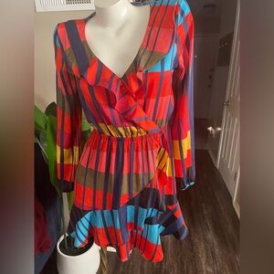 Express Color block elastic waist ruffle wrap style Dress Sz S